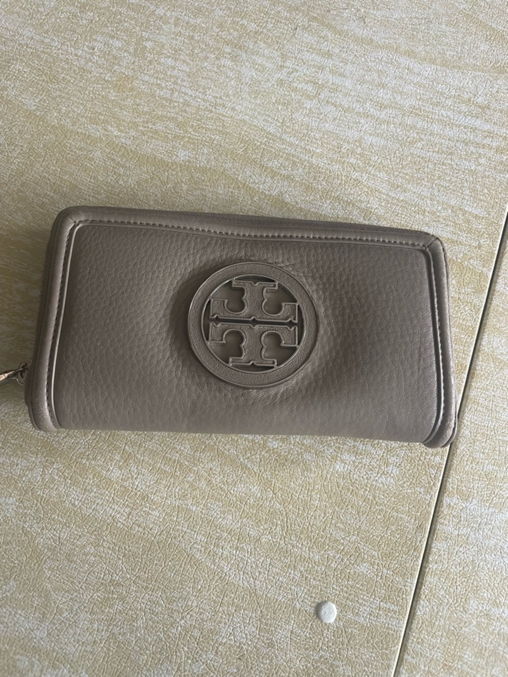 Tory Burch inspired Pebbled Leather Zip Wallet in Taupe